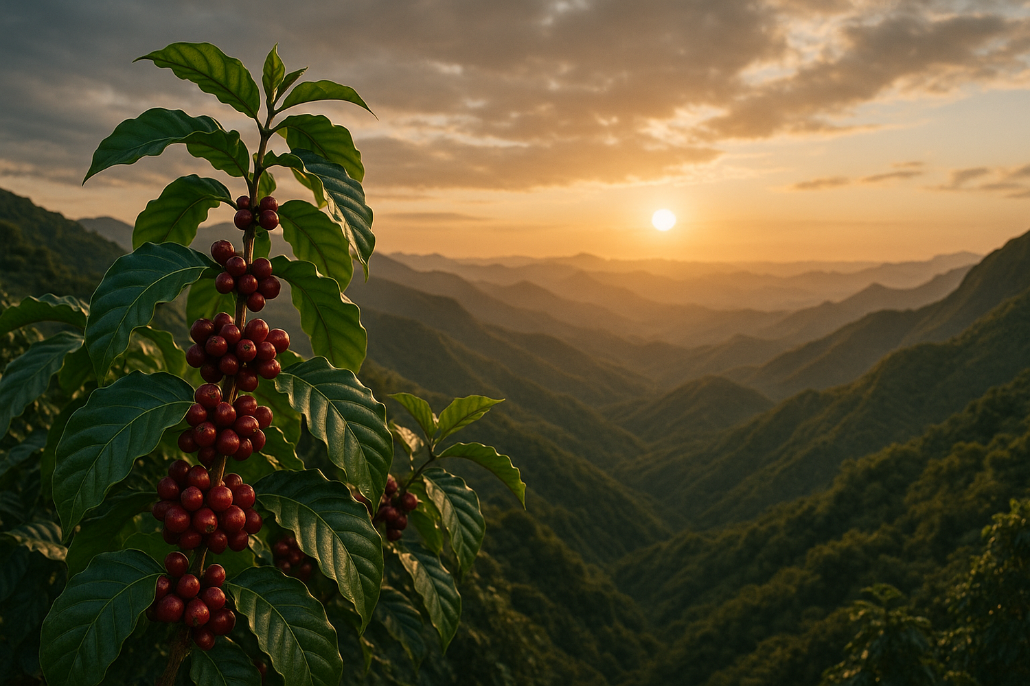 Capricornio Timbo koffieplant uit Brazilië in de bergen met een prachtige zon op de achtergrond in fotorealisme