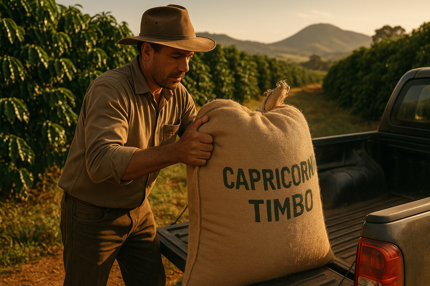 Braziliaanse koffieboer die een zak Capricornia Timbo op een auto laadt